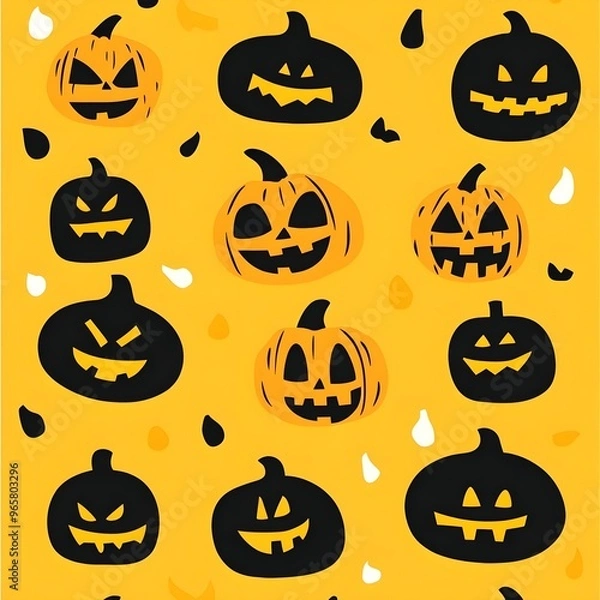 Fototapeta Seamless Halloween Pumpkin Faces Pattern with Leaves - Spooky and Fun Design for wallpaper, postcard, wrapping paper