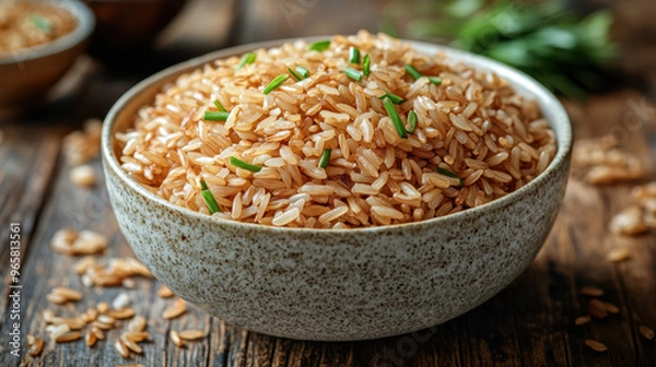 Obraz Bowl of cooked brown rice garnished with fresh green herbs on rustic wooden table, healthy whole grain meal, nutritious vegan food, clean eating, wholesome dish