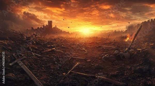 Obraz Epic Fantasy Battle Scene with Sunset and Castle in Background