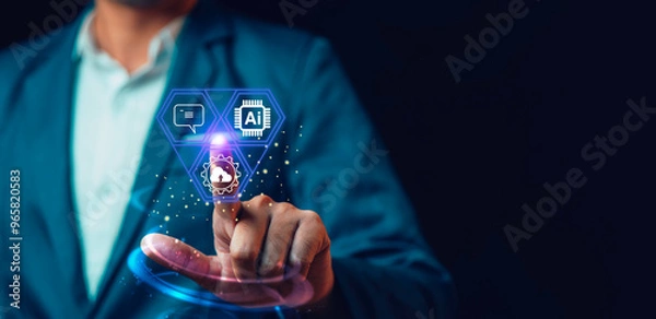 Fototapeta Artificial intelligence and humans create new innovations, ideas, developments, communication, conversations with smart and fast online systems, future technology.