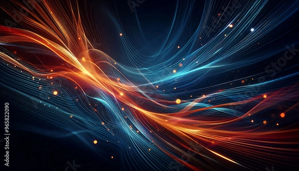 Fototapeta Abstract dynamic flowing lines in vibrant orange blue hues composition evokes a feeling of motion and light suggesting a digital or futuristic theme against a dark background