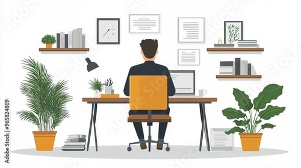 Obraz Man Working at Home Office Desk with Plants and Shelves Illustrations