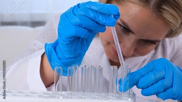 Fototapeta professional scientist takes a sample for a medical experiment. A research chemist works in a laboratory with a micropipette and a microscope