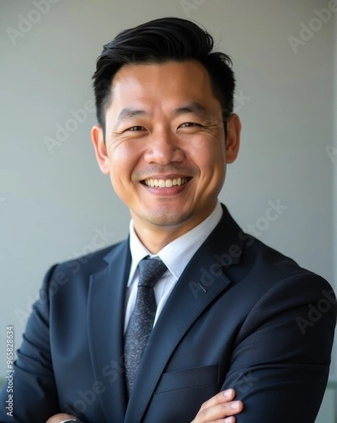 Fototapeta A smiling, confident man in a formal black suit, arms crossed, exuding professionalism and charisma against a neutral background.