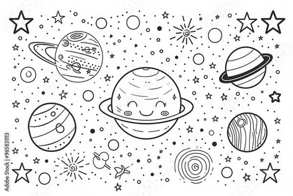 Fototapeta A whimsical illustration of planets and stars in a cheerful, cartoonish style, featuring Saturn with a smiling face.