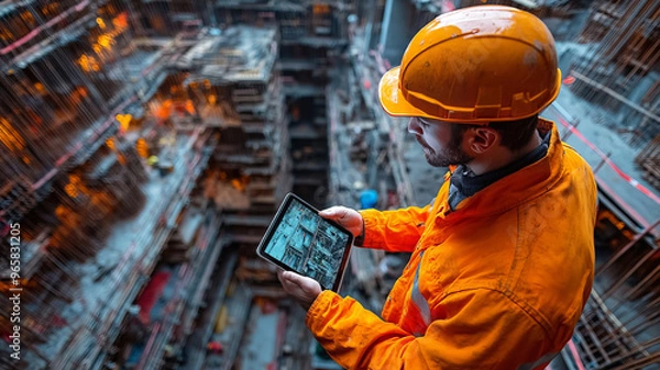 Fototapeta Asian engineer using a tablet to monitor construction progress with a site full of equipment and workers highlighting modern technology integration and project oversight.