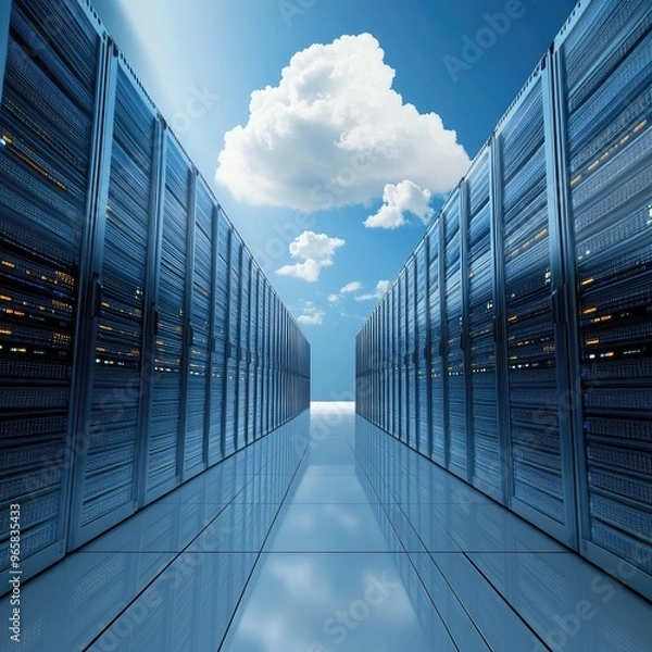 Obraz Futuristic data center with rows of servers under a bright blue sky, illustrating advanced technology and cloud computing.