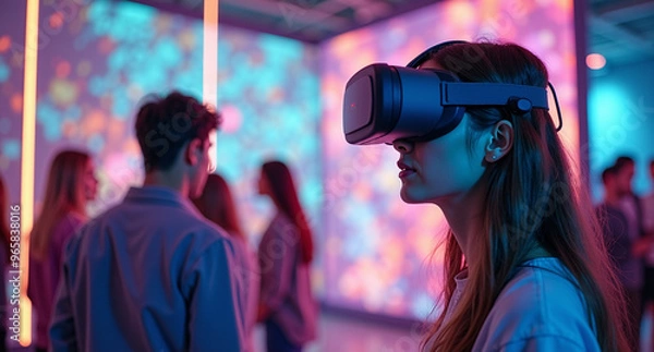 Fototapeta A group of people immersed in a virtual reality experience, wearing VR headsets in a futuristic, neon-lit setting.
