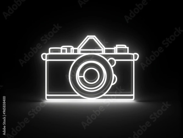 Obraz A minimalist white neon camera icon glowing brightly on a black background with clean, bold lines