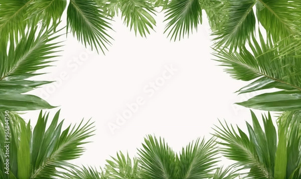 Fototapeta Green palm leaves form a frame around a white background