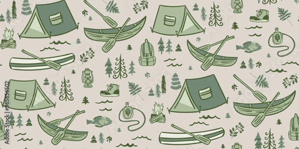 Obraz Seamless vector repeating pattern in hiking, camping outdoors theme in tonal shades of green and tan. Lake life, woodland background with tents, canoes and oars, backpacks, trees, fish, hiking boots