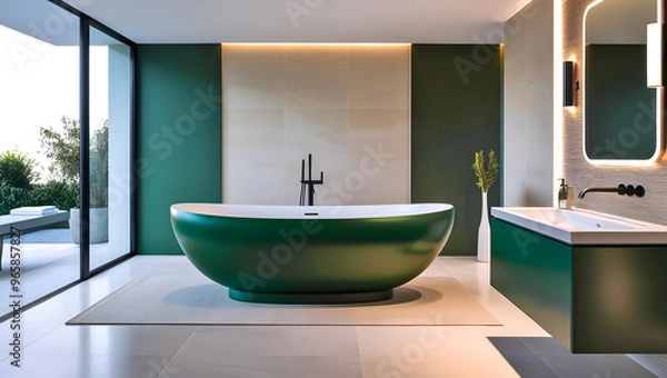 Fototapeta Modern Bathroom with Luxurious Green Bath Tub | Vibrant Focal Point, Minimalist Design, Light Tiles, Floating Vanity, Large Windows, Ambient Lighting, and Light Green Curtains