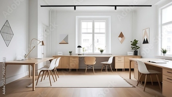 Fototapeta Discover the serene elegance of Scandinavian design with this modern office space, perfectly blending functionality and style.