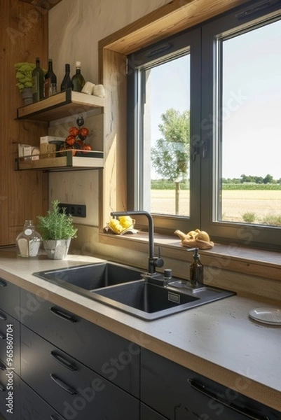 Fototapeta Photo of modern minimalistic kitchen with sink and window