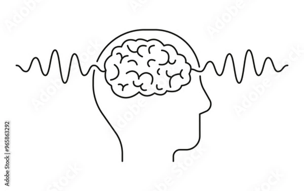 Fototapeta Human brain scan with line wave. Profile head. Pulse wave in study neurology. Brain scan captures neurology insights with wave of impulse, reflecting mind and health status. Vector illustration
