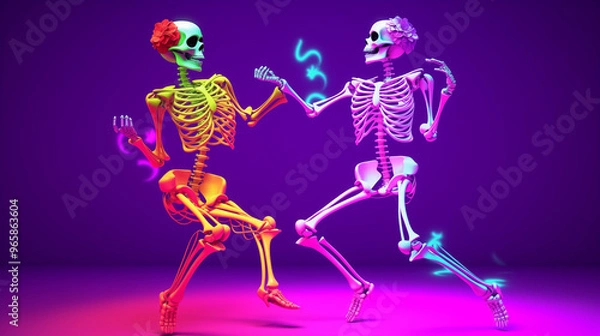 Fototapeta Colorful dancing skeletons with flowers in a vibrant background celebrating life and joy