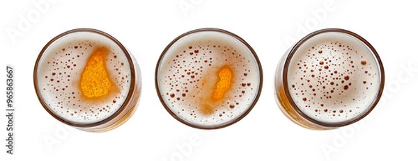 Fototapeta Top view of three beer glasses with foam, isolated on transparent background.
