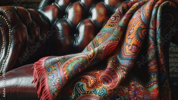 Fototapeta A richly patterned paisley blanket in vibrant colors draped over a luxurious leather armchair,