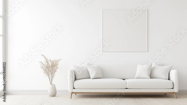 Fototapeta A white couch sits in a room with a white wall and a white picture frame