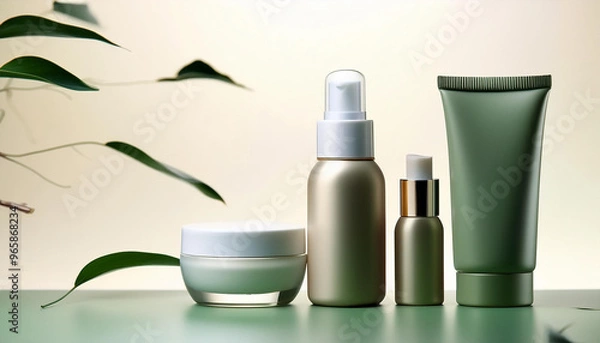 Fototapeta 透明感のあるガラス容器に入ったみずみずしい化粧品が並んでいる