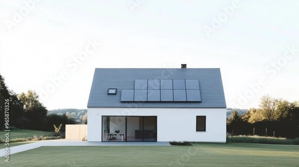 Fototapeta Modern minimalistic house with a solar system on the roof