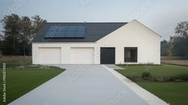 Fototapeta Modern minimalistic house with a solar system on the roof