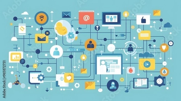 Fototapeta a network of content distribution channels, including social media, email marketing, blogs, and third-party sites, interconnected in a dynamic flow of information and engagement