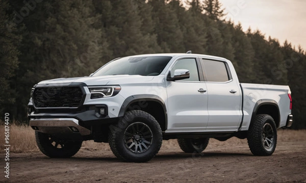 Obraz A white pickup truck is parked on a dirt road in a forest