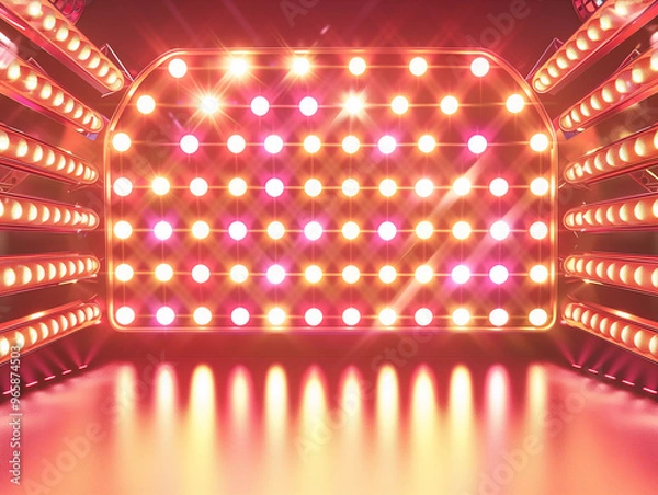 Fototapeta Vivid glowing stage lights vibrant gameshow backdrop neon illuminated wall reflections studio dramatic entertainment design wallpaper retro spotlight tv show template copy space

