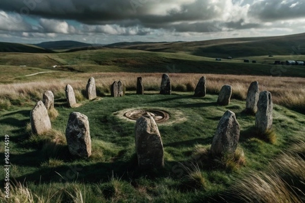 Fototapeta A mysterious stone circle on a windswept plateau, surrounded by endless grasslands.