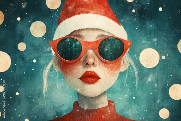 Fototapeta A quirky illustration of a woman wearing red sunglasses and a Santa hat, with festive bokeh lights in the background.