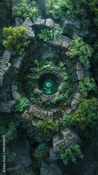 Fototapeta Mysterious ancient ruins surrounded by dense, lush jungle vegetation, with crumbling stone paths and weathered stonework.