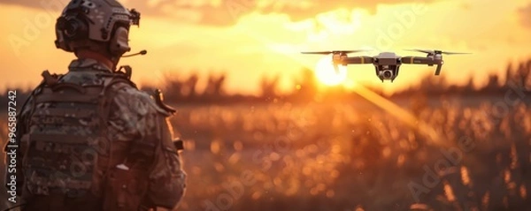 Fototapeta Soldier operating a drone in a tactical combat scenario with sparks flying.