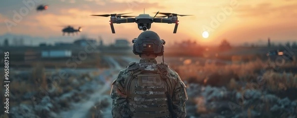 Fototapeta Soldier operating a drone in a tactical combat scenario with sparks flying.
