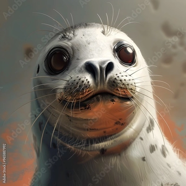 Fototapeta Endearing Close Up Portrait of a Smiling Seal with Prominent Whiskers in Whimsical Cartoon Style