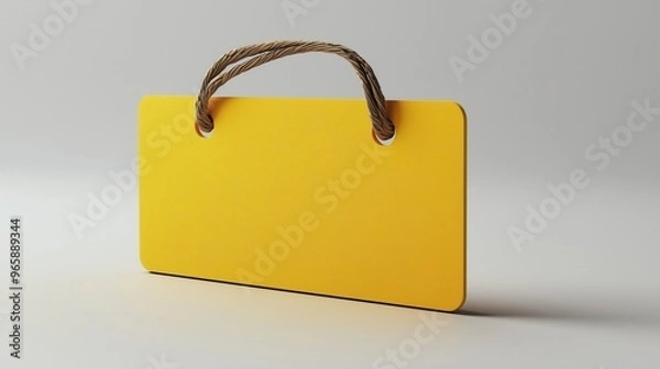 Fototapeta A vibrant yellow tag with a rope handle, perfect for labeling or decoration in various creative projects.