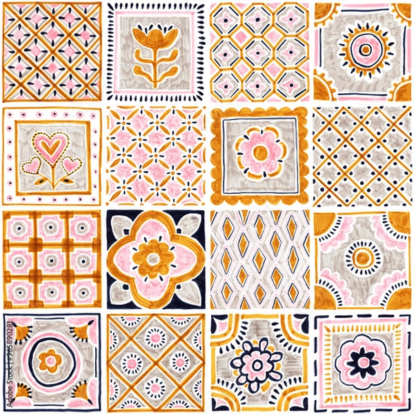 Fototapeta Multicolored tile seamless pattern. Handwork with markers on paper. Bohemian print for textiles. Gold, pink and black elements on a white background. Isolated square elements. Cute clip art.