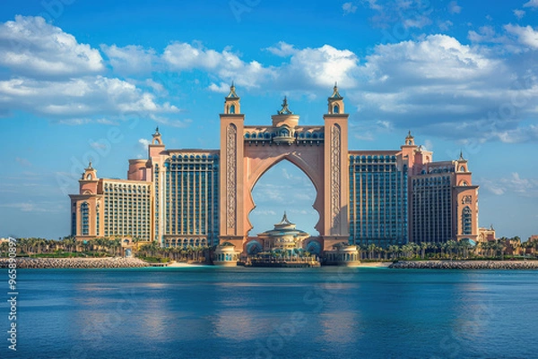 Fototapeta stunning Atlantis Palm resort stands majestically against vibrant blue sky, reflecting beautifully in tranquil waters. This iconic destination is symbol of luxury and relaxation