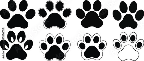 Fototapeta The silhouettes of dog paws clipart designs are simple black color on a white background. 