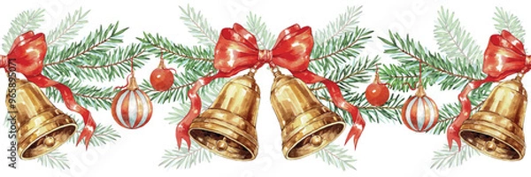 Fototapeta Watercolor Christmas seamless border of spruce green branches, red Christmas balls and Bells. 
Christmas Bells with red bow. Vector Illustration for patterns, greeting cards and invitations.