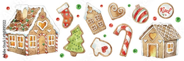 Fototapeta Set of Christmas decorations. Collection of different Gingerbread Cookies. Watercolor illustration of hand painted Christmas cookies: man, tree, stars, heart, noel, house, snowflake, candy.
