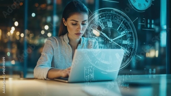 Fototapeta Businesswoman focused on her laptop at a desk, with a clock overlay