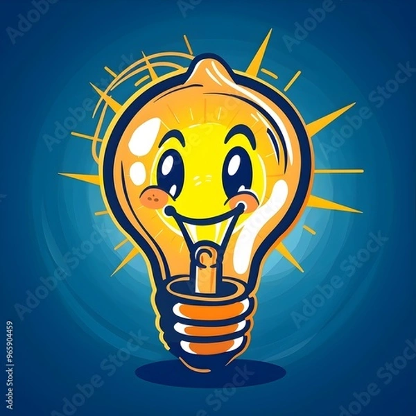 Fototapeta Vibrant Smiley Lightbulb Mascot with Radiating Illumination in Playful Cartoon Style