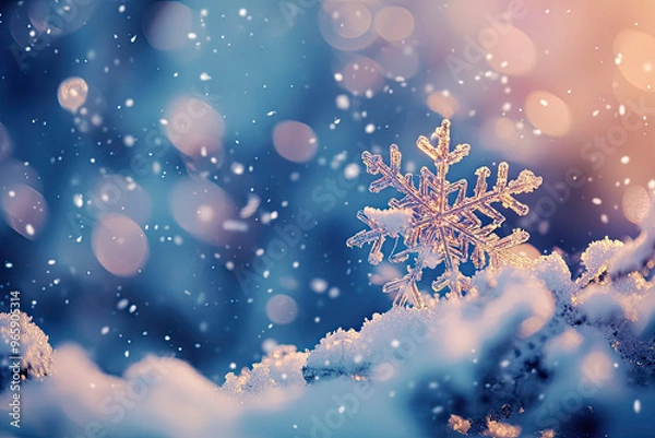 Fototapeta A delicate snowflake rests on snowy surface, surrounded by softly falling snowflakes in serene winter landscape. gentle bokeh effect adds magical touch to this tranquil scene