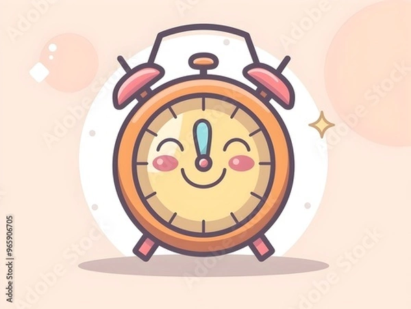Obraz Cheerful Cartoon Alarm Clock with Expressive Smiling Face in Cozy Vintage Inspired Design