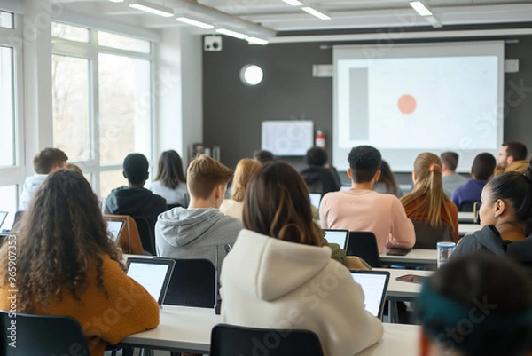 Obraz University Students Engaging in Classroom Lecture with Laptops for Learning