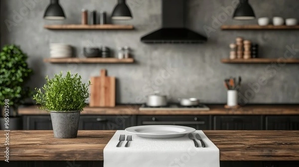 Fototapeta Elegant kitchen scene featuring stylish decor, modern utensils, and fresh greenery on a rustic wooden table.