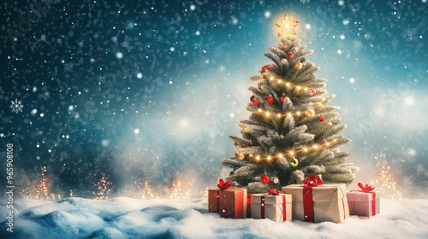 Fototapeta Festive Christmas Tree Outdoors with Snowfall and Wrapped Presents at Night
