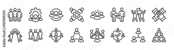 Fototapeta Team thin line icon set. Containing teamwork, group people, achievement, collaboration, cooperation, leadership, meeting, management, togetherness, organization. Vector illustration