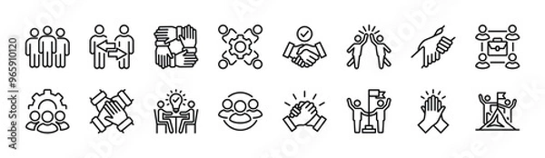 Fototapeta Teamwork thin line icon vector set. Business team working together. Containing cooperation, collaboration, agreement, unity, handshake, help, management, group people, achievement, partnership